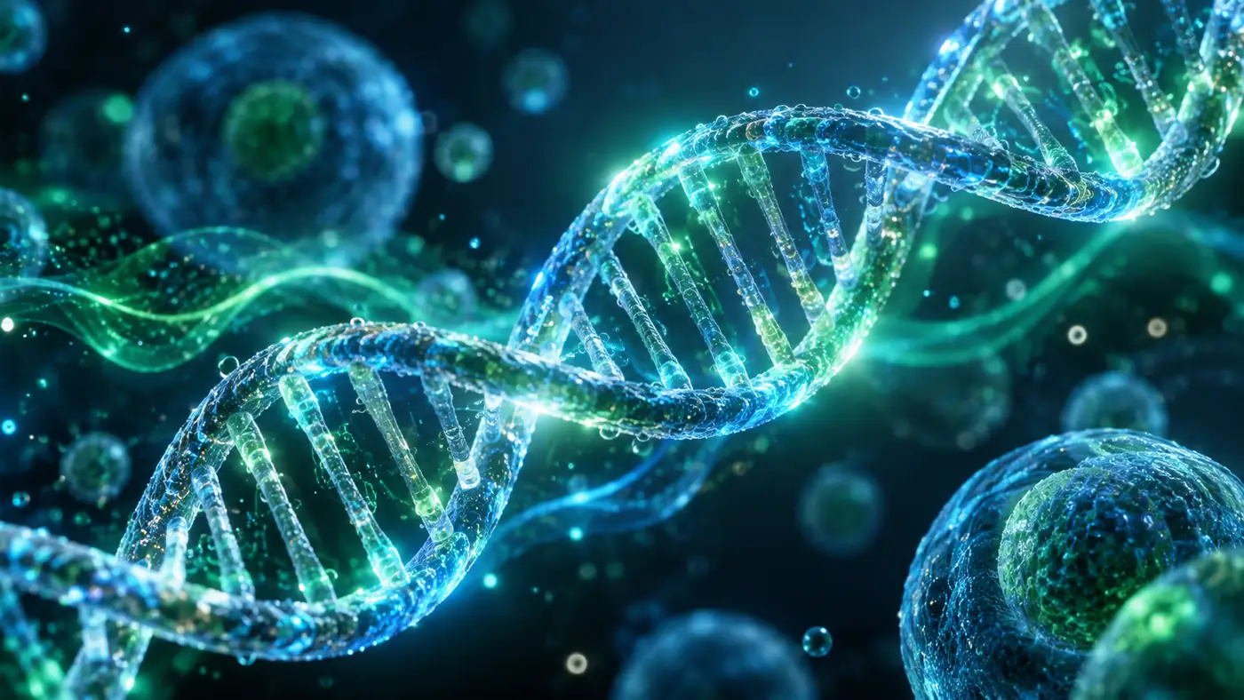 Turkuaz ve yeşil ışıkla aydınlanan DNA çift zinciri ve hücreler