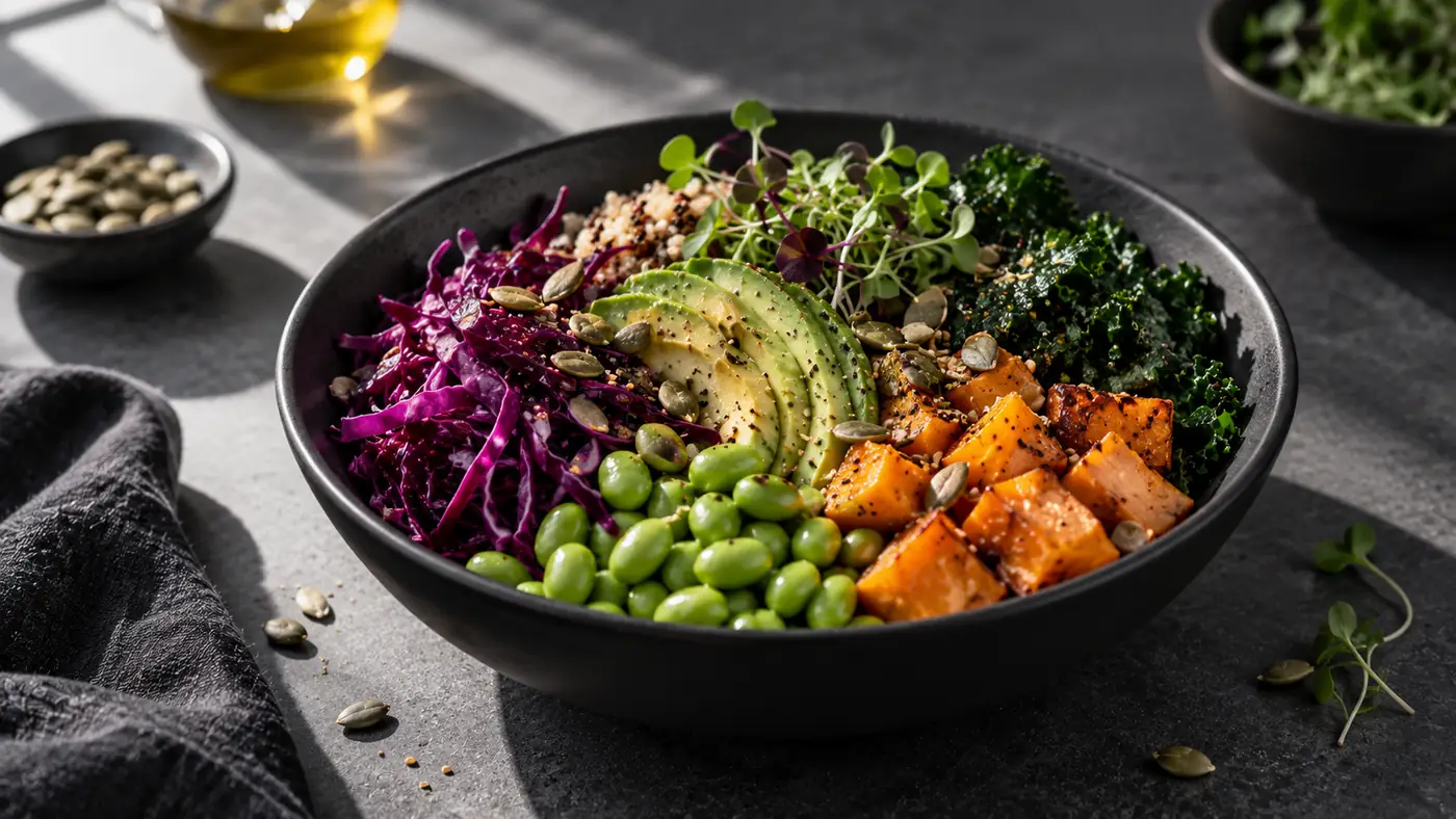 Koyu bir kasede kırmızı lahana, kinoa, avokado, edamame, fırınlanmış tatlı patates, kara lahana, kabak çekirdeği ve filiz
